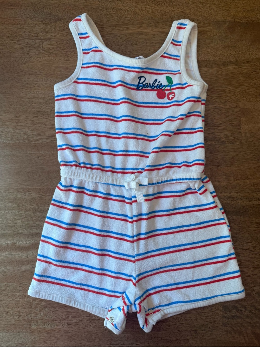 Barbie White Romper with Red and Blue Stripes and Cherry Graphic